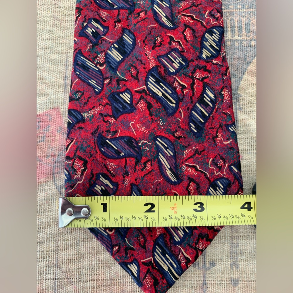 Men’s Tie: Red, Multi-Color Print. Made in USA.